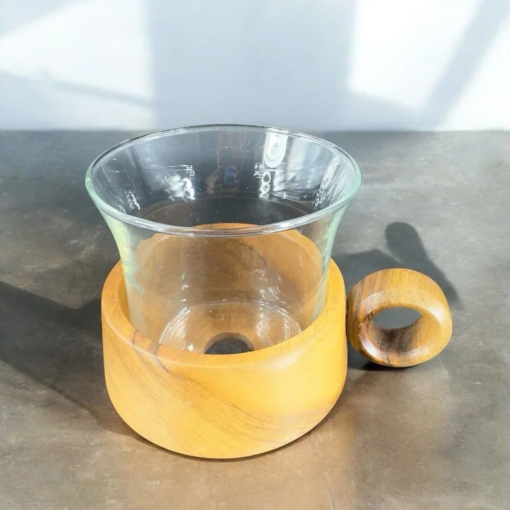 Vintage Jena Glass Mug with Wooden Holder Insert Set 3 Round Handle Wood Insert‎